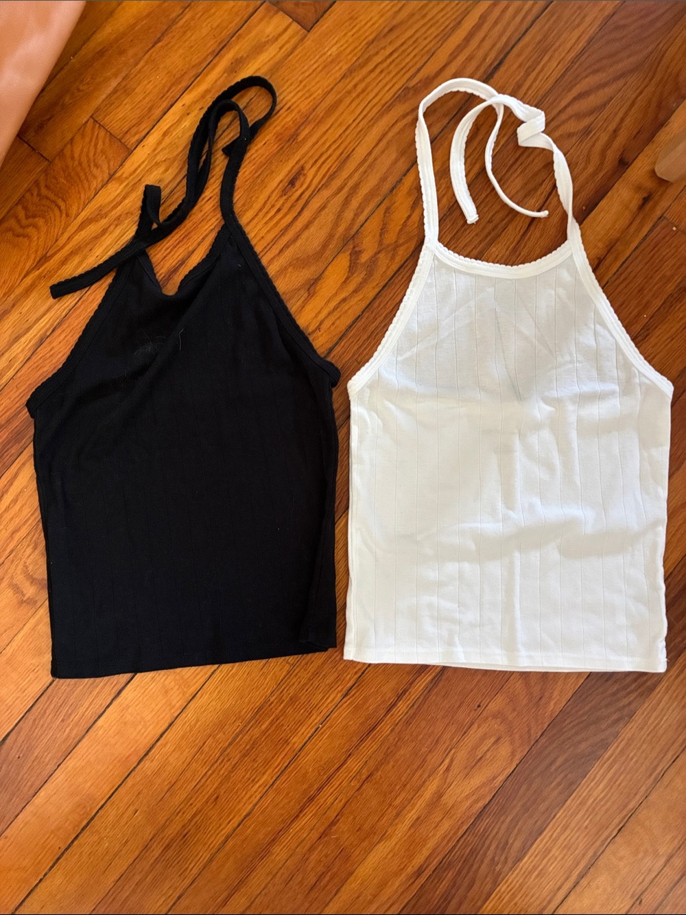 American Eagle Outfitters Black & White Tie-Neck Ribbed Halter Tanks Size S